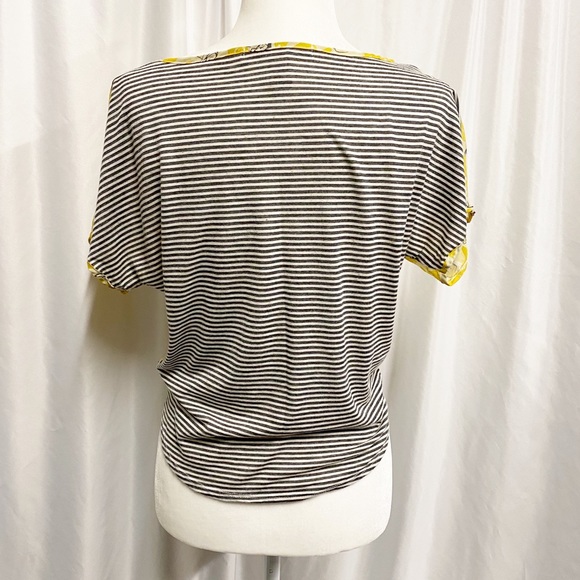 Sheer Yellow Rose Print & Striped Tie Front Blouse - Picture 4 of 6